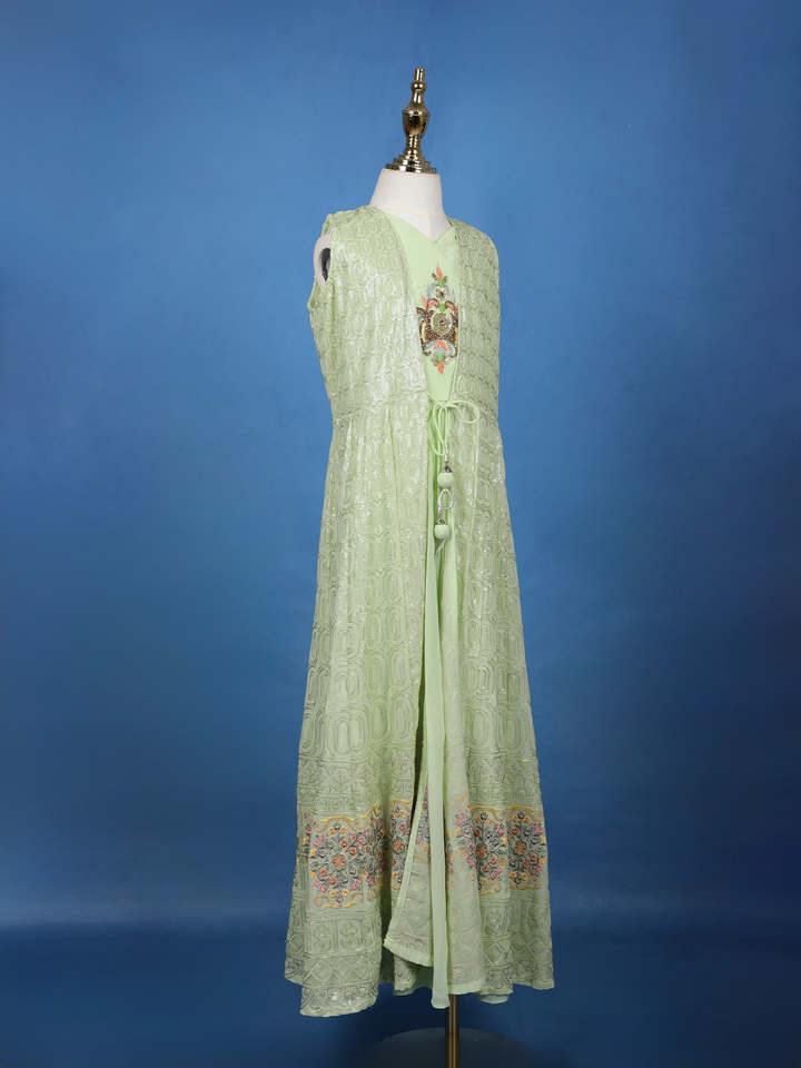 Pista Green Sequins Embroidery Net Gown - Diadem