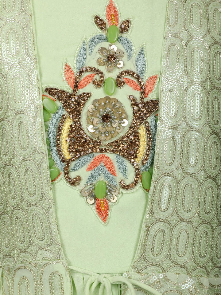 Pista Green Sequins Embroidery Net Gown - Diadem