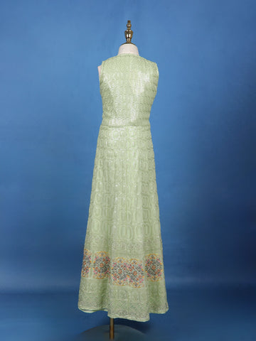 Pista Green Sequins Embroidery Net Gown - Diadem