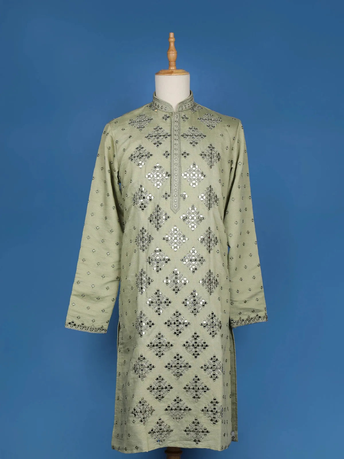 Pista Green Sequins And Mirror Work Raw Silk Kurta Set With Pant