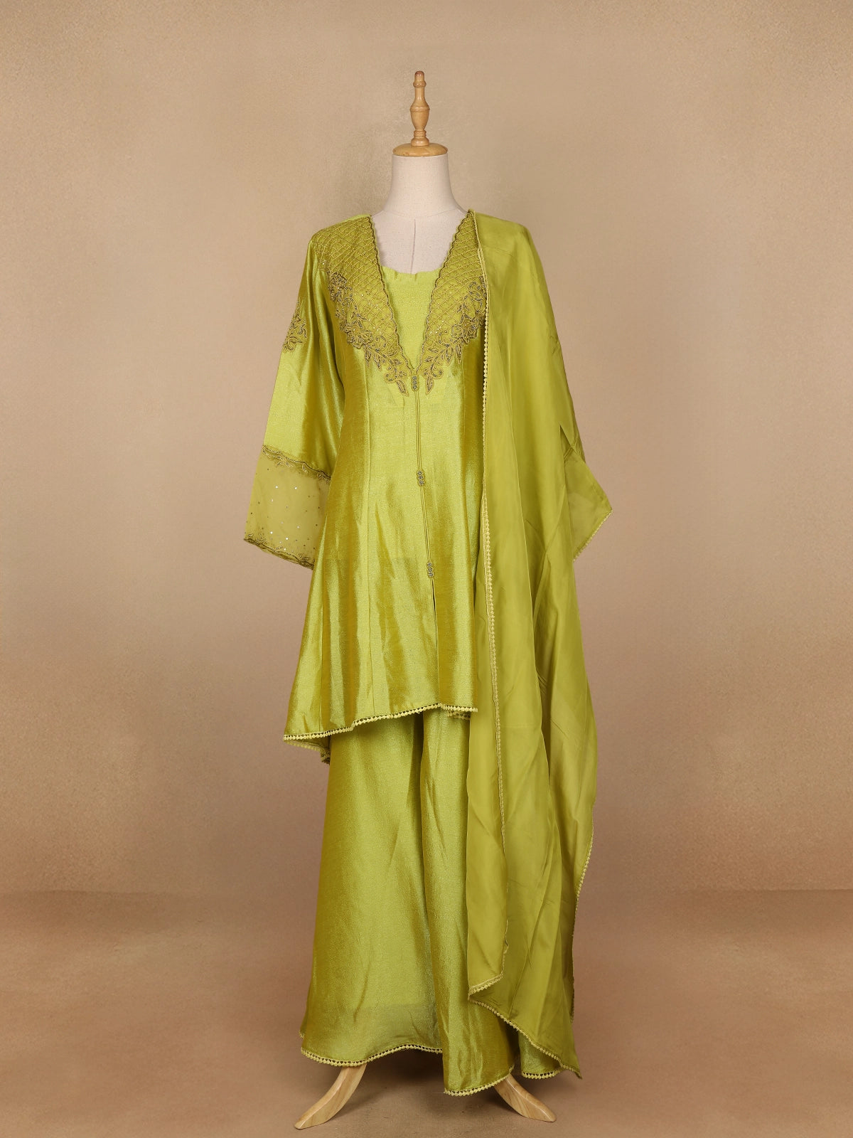 Pista Green Silk Palazzo Suit with Floral Embroidery Design