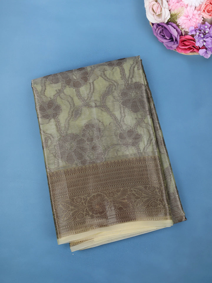 Pistachio Green Floral Design Woven Tissue Silk Saree - Diadem
