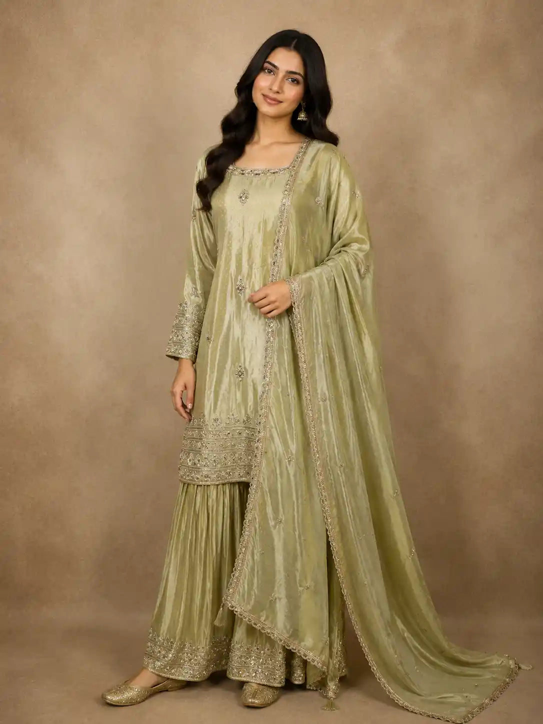 Pistachio Green Sequins and Beads Embroidered Design Tissue Silk Sharara Suit with Dupatta