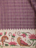 Plum Purple Checked Design Tussar Saree with Contrast Cream Floral and Birds Border