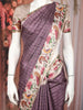 Plum Purple Checked Design Tussar Saree with Contrast Cream Floral and Birds Border