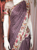 Plum Purple Checked Design Tussar Saree with Contrast Cream Floral and Birds Border
