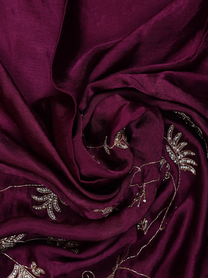 Plum Purple Floral Embroidered Satin Saree - Diadem