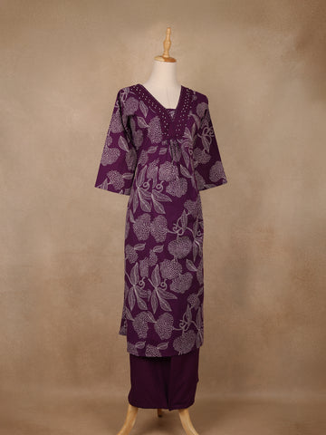 Plum Purple Floral Printed Cotton Salwar Suit - Diadem