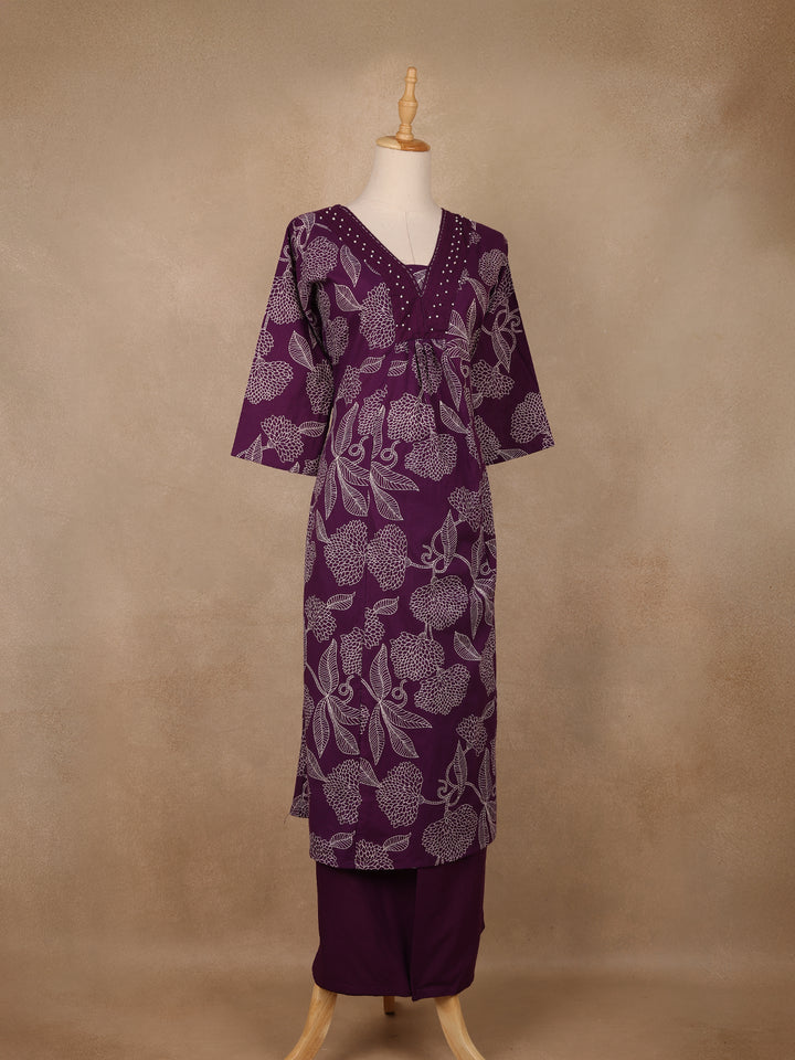 Plum Purple Floral Printed Cotton Salwar Suit - Diadem