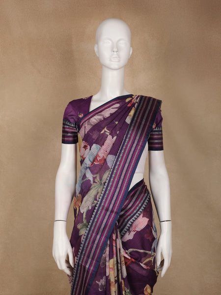 Plum Purple Floral Printed Kota Cotton Saree - Diadem