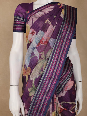 Plum Purple Floral Printed Kota Cotton Saree - Diadem