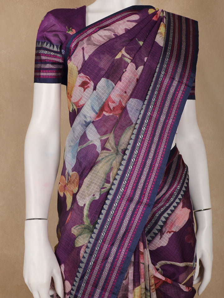 Plum Purple Floral Printed Kota Cotton Saree - Diadem
