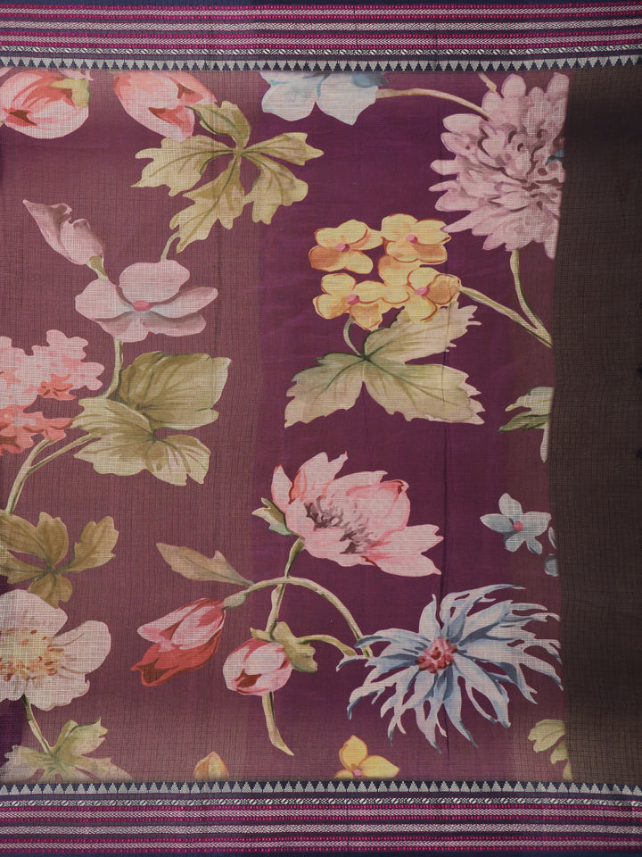 Plum Purple Floral Printed Kota Cotton Saree - Diadem