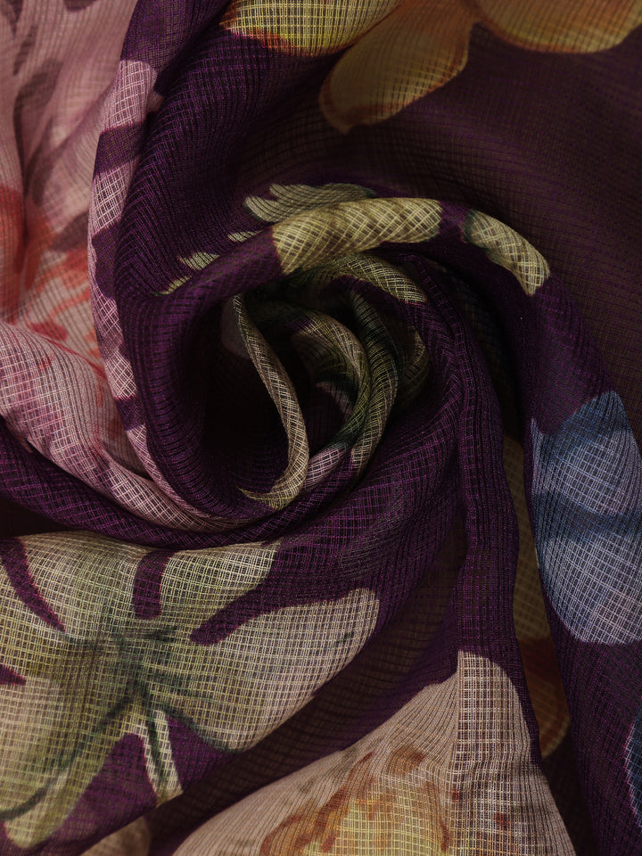 Plum Purple Floral Printed Kota Cotton Saree - Diadem