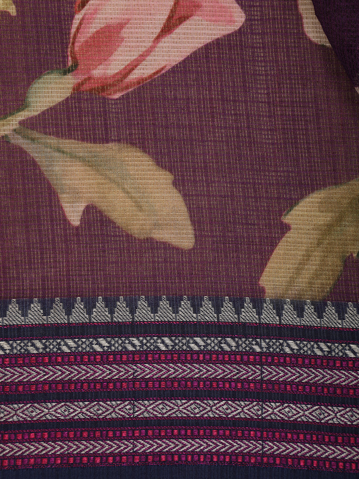Plum Purple Floral Printed Kota Cotton Saree - Diadem