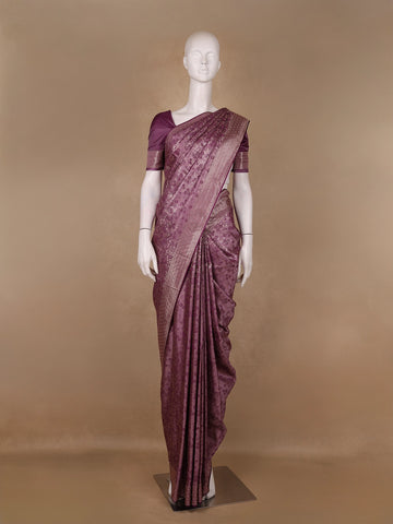 Plum Purple Floral Brocade Design Banarasi Silk Saree - Diadem