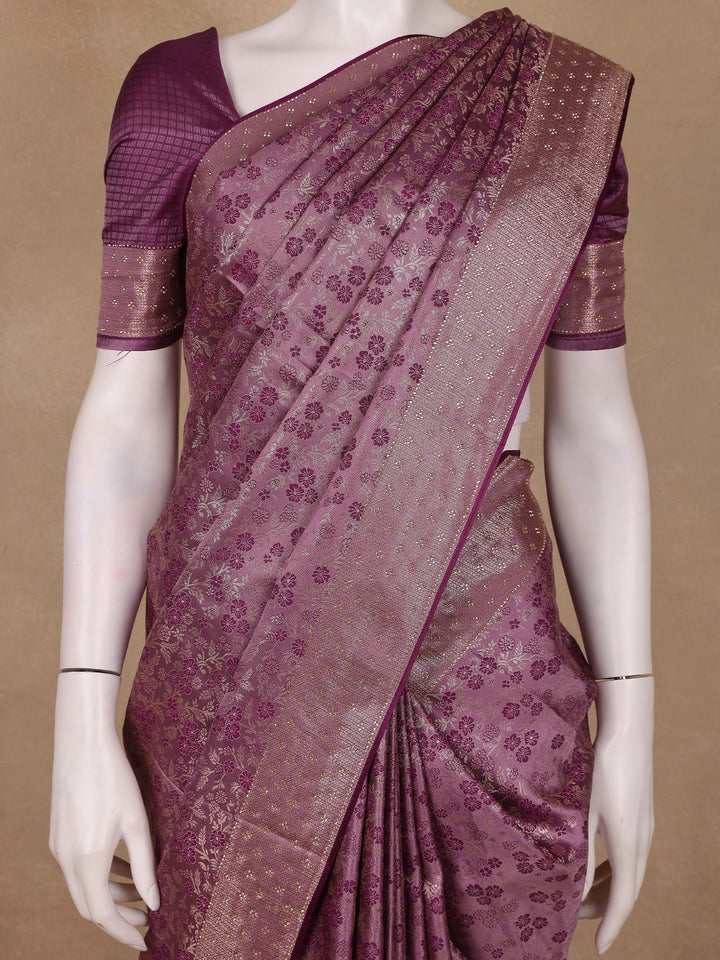 Plum Purple Floral Brocade Design Banarasi Silk Saree - Diadem