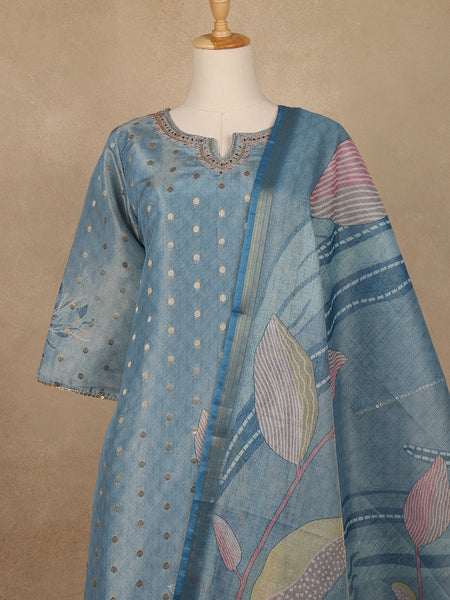 Powder Blue Butta Woven Semi Silk Salwar Suit - Diadem