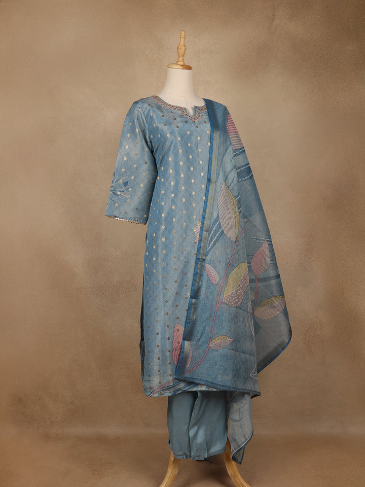 Powder Blue Butta Woven Semi Silk Salwar Suit - Diadem