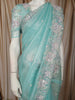 Powder Blue Floral Sequins and Beads Embroidered Design Tissue Fancy Saree with Scalloped Border