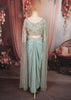 Powder Blue Floral Vine Sequins and Beads Embroidered Design Chiffon Ready to Wear Draped Saree with Matching Cape Sleeve Designer Blouse