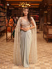 Powder Blue Floral Vine Sequins and Beads Embroidered Design Chiffon Ready to Wear Draped Saree with Matching Cape Sleeve Designer Blouse