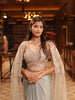 Powder Blue Floral Vine Sequins and Beads Embroidered Design Chiffon Ready to Wear Draped Saree with Matching Cape Sleeve Designer Blouse