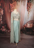 Powder Blue Floral Vine Sequins and Beads Embroidered Design Chiffon Ready to Wear Draped Saree with Matching Cape Sleeve Designer Blouse