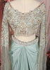 Powder Blue Floral Vine Sequins and Beads Embroidered Design Chiffon Ready to Wear Draped Saree with Matching Cape Sleeve Designer Blouse