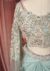 Powder Blue Floral Vine Sequins and Beads Embroidered Design Chiffon Ready to Wear Draped Saree with Matching Cape Sleeve Designer Blouse