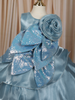 Powder Blue Sequins Embroidered Design Organza Kids Party Frock With 3D Floral Appliqué