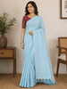 Powder Blue Solid Design Cotton Casual Wear Saree with Kalamkari Blouse