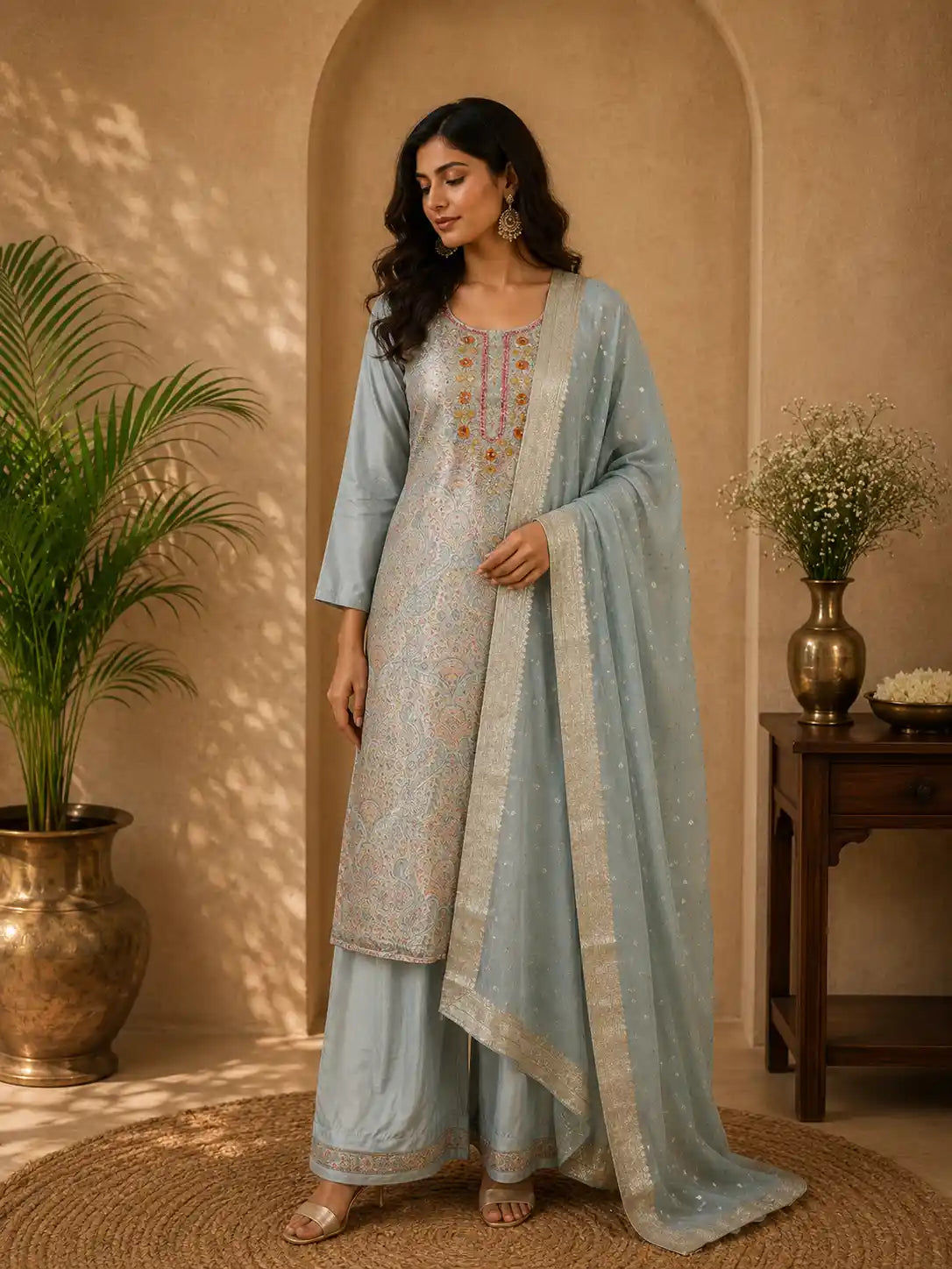 Powder Blue Floral Thread Embroidered Design Tissue Silk Straight Cut Salwar Suit