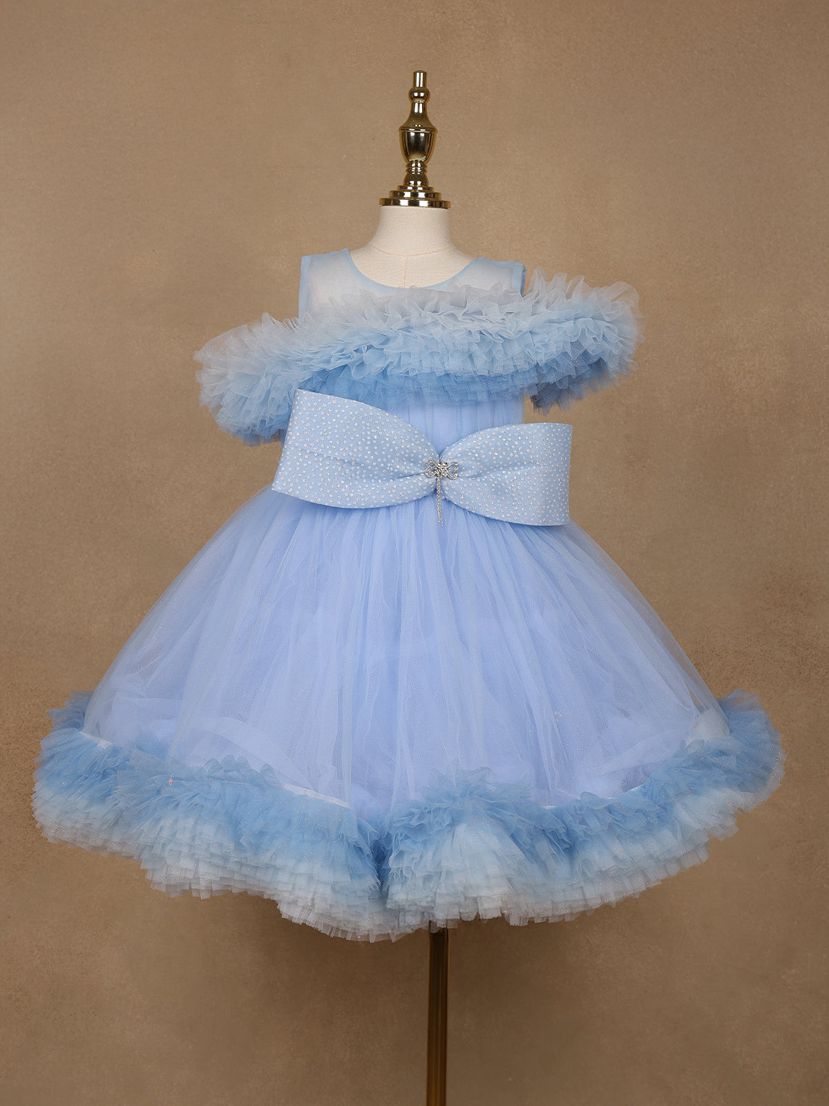 Powder Blue Ruffle Shoulder Net Party Frock with Glitter Bow