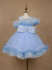 Powder Blue Ruffle Shoulder Net Party Frock with Glitter Bow