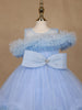 Powder Blue Ruffle Shoulder Net Party Frock with Glitter Bow
