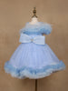 Powder Blue Ruffle Shoulder Net Party Frock with Glitter Bow