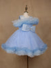 Powder Blue Ruffle Shoulder Net Party Frock with Glitter Bow