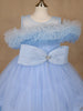Powder Blue Ruffle Shoulder Net Party Frock with Glitter Bow