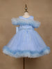 Powder Blue Ruffle Shoulder Net Party Frock with Glitter Bow