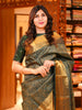 Deep Bottle Green Floral Vine Jacquard Zari Woven Design Pure Kanchipuram Silk Saree with Antique Gold Zari Border