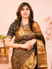 Classic Black Floral and Paisley Jacquard Zari Woven Design Pure Kanchipuram Silk Saree with Antique Gold Zari Border