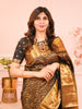 Classic Black Floral and Paisley Jacquard Zari Woven Design Pure Kanchipuram Silk Saree with Antique Gold Zari Border