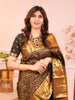 Classic Black Floral and Paisley Jacquard Zari Woven Design Pure Kanchipuram Silk Saree with Antique Gold Zari Border
