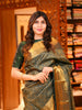 Deep Bottle Green Floral Vine Jacquard Zari Woven Design Pure Kanchipuram Silk Saree with Antique Gold Zari Border