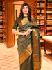 Deep Bottle Green Floral Vine Jacquard Zari Woven Design Pure Kanchipuram Silk Saree with Antique Gold Zari Border