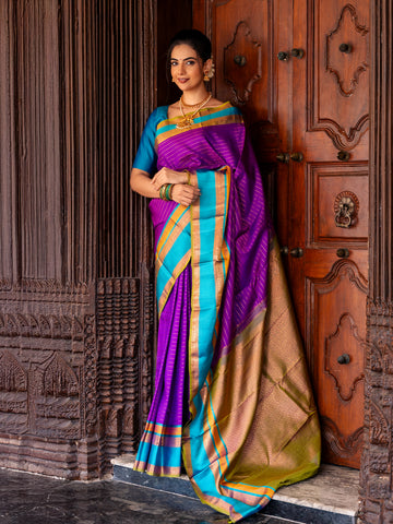 Purpe Stripes Woven Pure Kanchipuram Silk Saree - Diadem