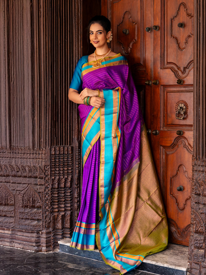 Purpe Stripes Woven Pure Kanchipuram Silk Saree - Diadem