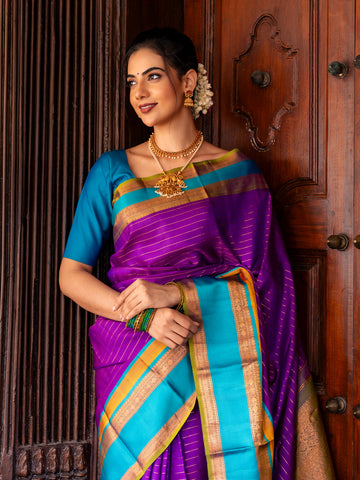 Purpe Stripes Woven Pure Kanchipuram Silk Saree - Diadem