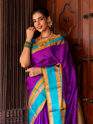 Purpe Stripes Woven Pure Kanchipuram Silk Saree - Diadem